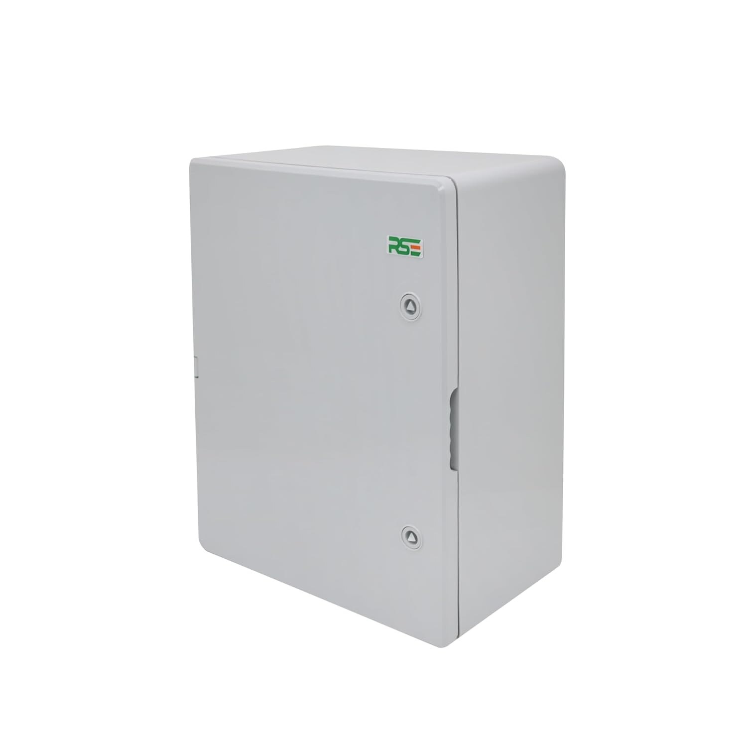 RSE Verteilerkasten IP65 200 x 300 x 130 mm mit Montageplatte – Ansicht 1 Hellgrauer RSE Verteilerkasten aus ABS-Kunststoff, 200 x 300 x 130 mm, geschlossene Tür mit Dreikantverschluss