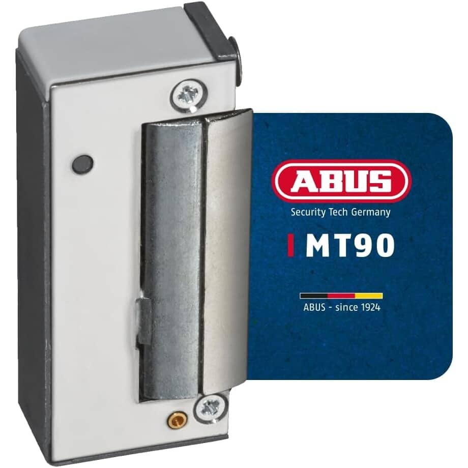 ABUS MT90 mechanischer Türöffner, 16 mm Einbaubreite, DIN links und rechts – Ansicht 1 ABUS MT90 mechanischer Türöffner in Silber mit schmalem Schliessblech und justierbarer Radiusfalle