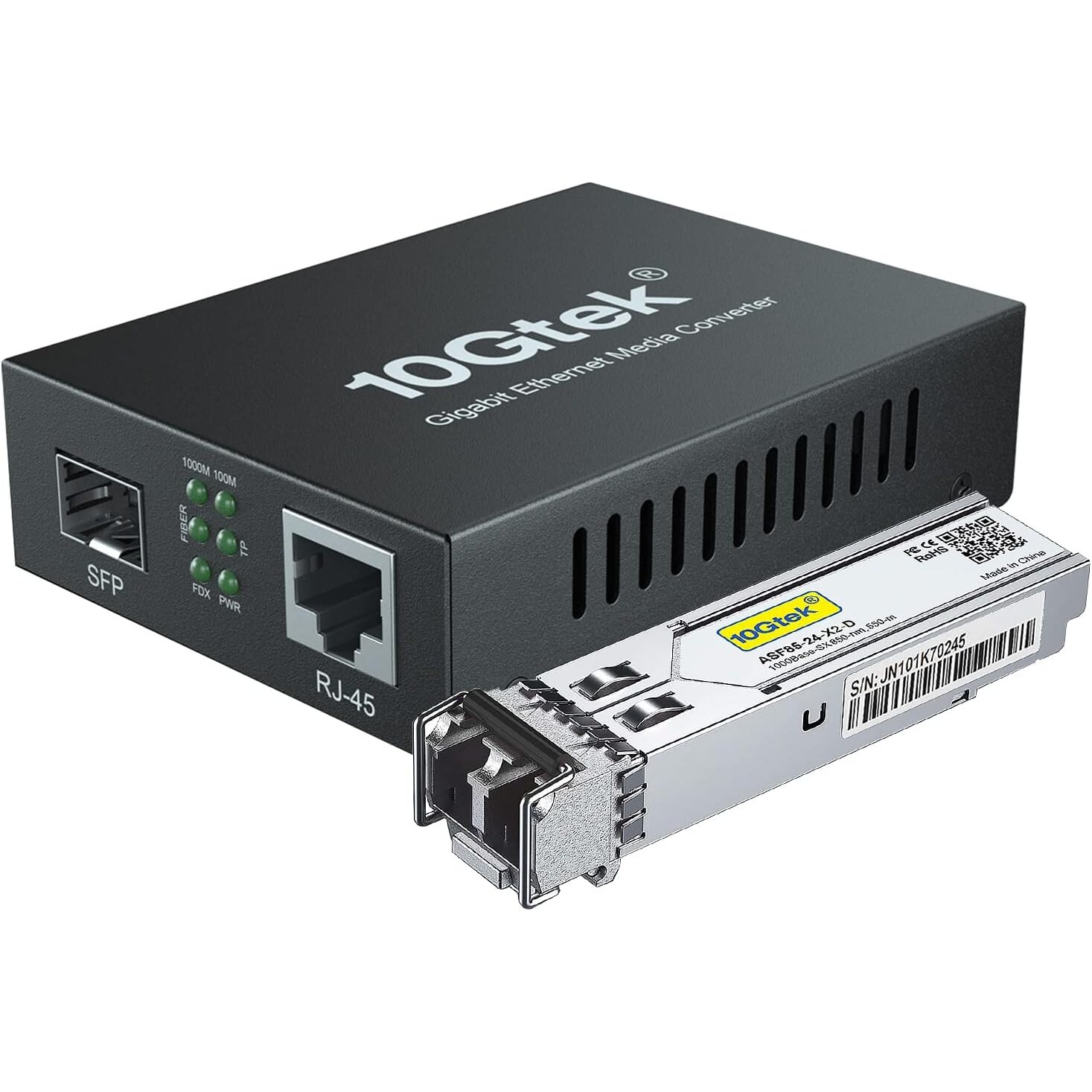 10Gtek Gigabit-Medienkonverter mit SFP-Modul, Multimode Dual LC, 850 nm, 550 m – Ansicht 1 Schwarzer Medienkonverter von 10Gtek im Metallgehäuse mit SFP-Steckplatz, RJ45-Buchse und beiliegendem SFP-Modul