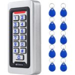 Retekess T-AC03 Codeschloss in Silber aus Zinklegierung mit blau beleuchteter Zifferntastatur, Klingeltaste und zehn blauen RFID-Schlüsselanhängern