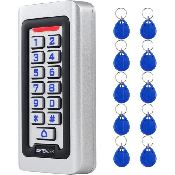 Retekess T-AC03 Codeschloss in Silber aus Zinklegierung mit blau beleuchteter Zifferntastatur, Klingeltaste und zehn blauen RFID-Schlüsselanhängern