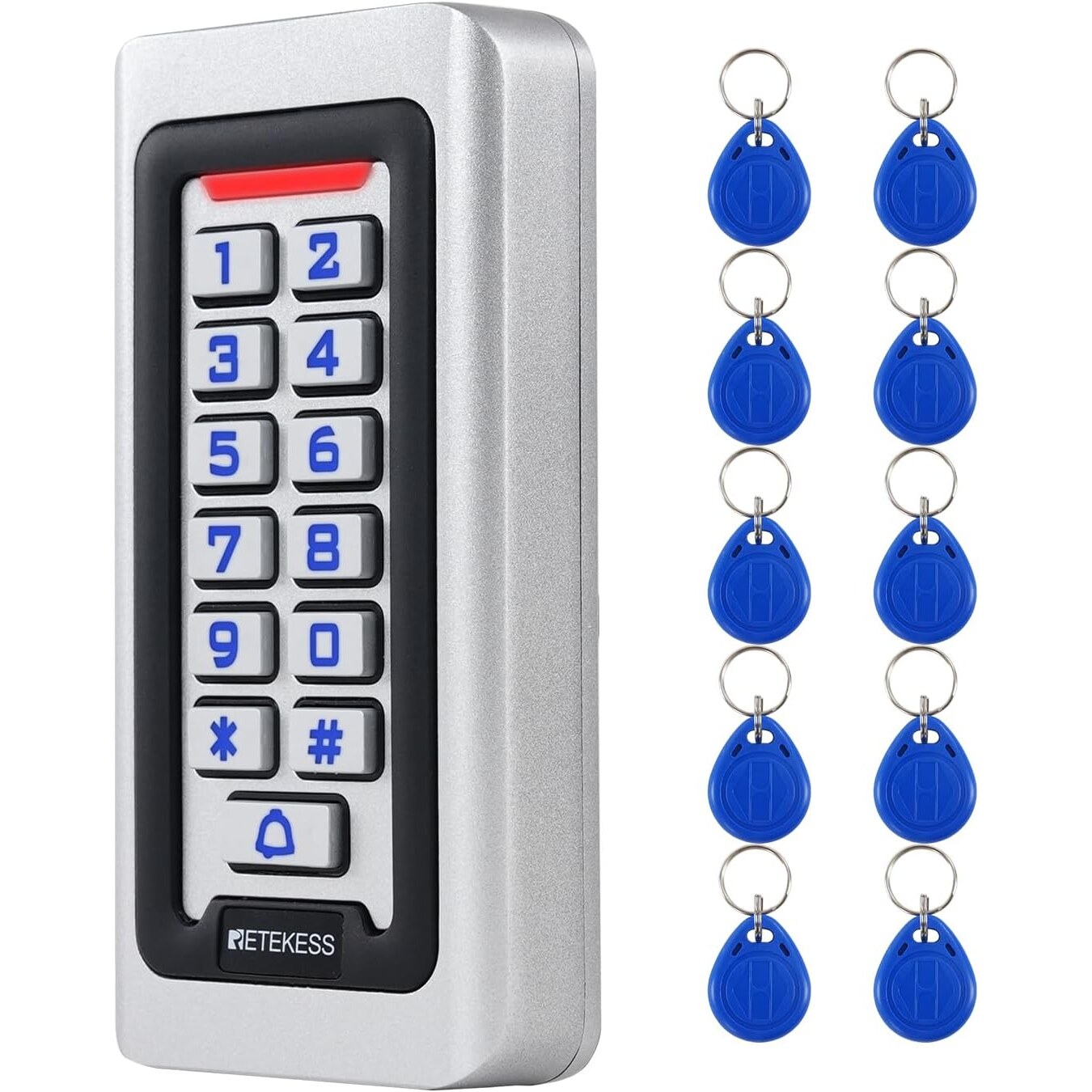 Retekess T-AC03 Codeschloss mit RFID-Leser, 12 V, 2000 Benutzer, IP68 – Ansicht 1 Retekess T-AC03 Codeschloss in Silber aus Zinklegierung mit blau beleuchteter Zifferntastatur, Klingeltaste und zehn blauen RFID-Schlüsselanhängern