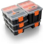 Vier schwarze KENDO Sortierboxen mit orangen Innenfächern und transparenten Deckeln, gestapelt