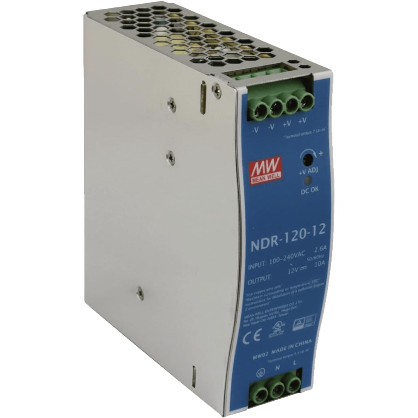 MEAN WELL NDR-120-12 Hutschienennetzteil 12 V, 10 A, 120 W – Ansicht 1 MEAN WELL NDR-120-12 Hutschienennetzteil mit weissem Metallgehäuse, blauem Typenschild, Schraubklemmen und Potentiometer für die Ausgangsspannung