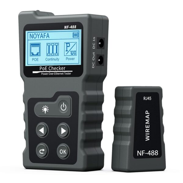 Schwarzer PoE- und Netzwerkkabeltester Noyafa NF-488 mit beleuchtetem LCD, Tastenfeld und separatem RJ45-Fernstück