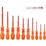 Elfteiliges Schraubendreher-Set Gunpla mit rot-gelben isolierten Griffen, Schlitz-, Kreuzschlitz- und Pozidriv-Klingen sowie Spannungsprüfer