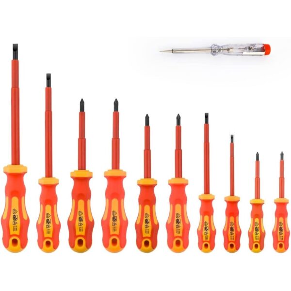 Elfteiliges Schraubendreher-Set Gunpla mit rot-gelben isolierten Griffen, Schlitz-, Kreuzschlitz- und Pozidriv-Klingen sowie Spannungsprüfer
