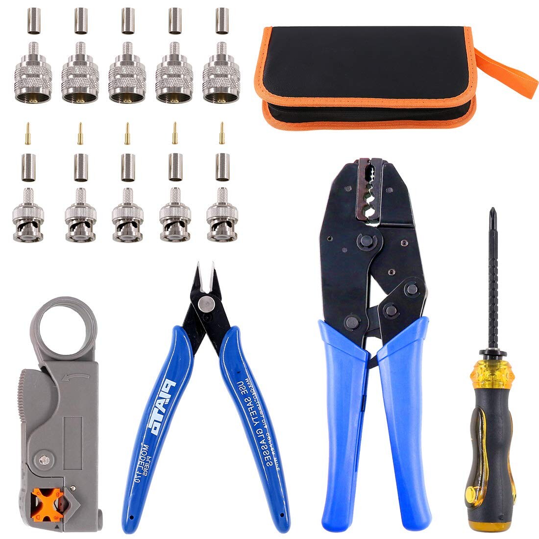 Koaxial-Werkzeugset mit Ratschen-Crimpzange, Abisolierzange und 10 BNC/UHF-Steckern für RG58, RG59 und RG62 – Ansicht 1 Blaue Ratschen-Crimpzange, Koaxial-Abisolierzange, Seitenschneider, Schraubendreher und zehn BNC- und UHF-Crimpstecker aus dem Koaxial-Werkzeugset