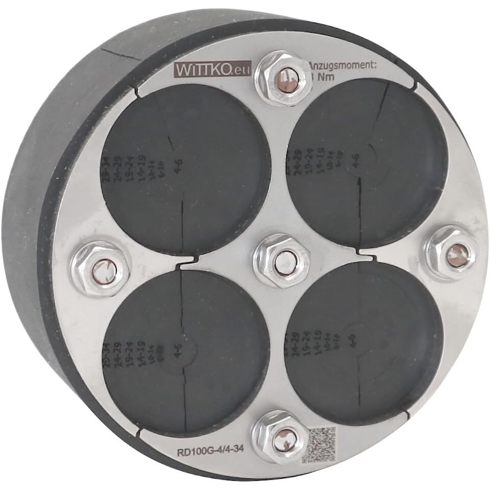 WITTKOWARE RD100G Mauerdurchführung DN100 geteilt, 4-fach 4-34 mm – Ansicht 1 Geteilte Mauerdurchführung WITTKOWARE RD100G mit vier Kabeldurchgängen, Edelstahl-Druckplatte und schwarzem EPDM-Dichtkörper