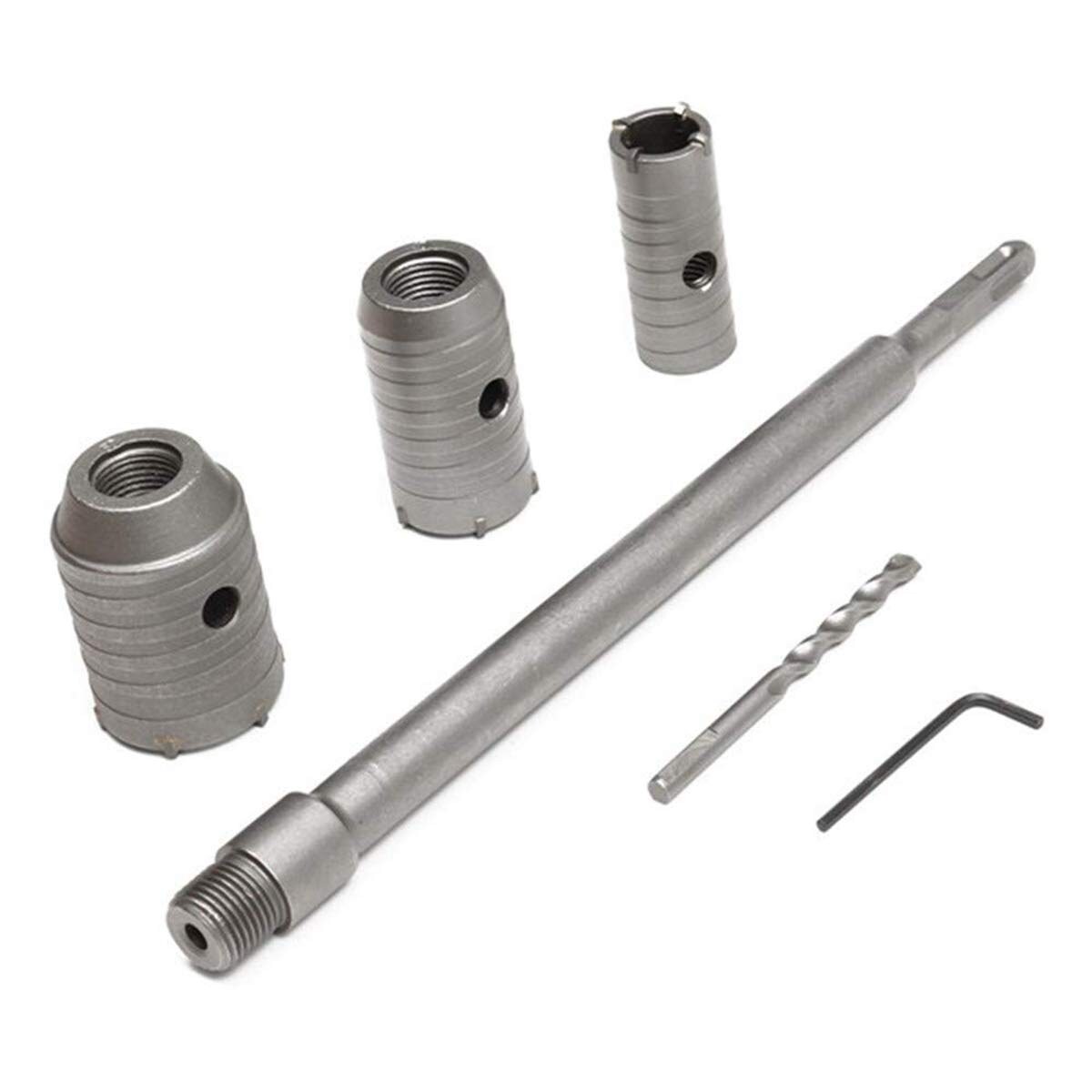 Bohrkronen-Set Mauerwerk 30/40/50 mm, SDS-plus-Schaft 350 mm, 7-teilig – Ansicht 1 Silberfarbenes Bohrkronen-Set für Mauerwerk mit drei Kronen von 30, 40 und 50 mm, langem SDS-plus-Schaft, Zentrierbohrer und Sechskantschlüssel
