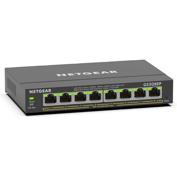 Schwarzer Netgear GS308EP PoE-Switch im Metallgehäuse mit acht RJ45-Buchsen und grünen Status-LEDs