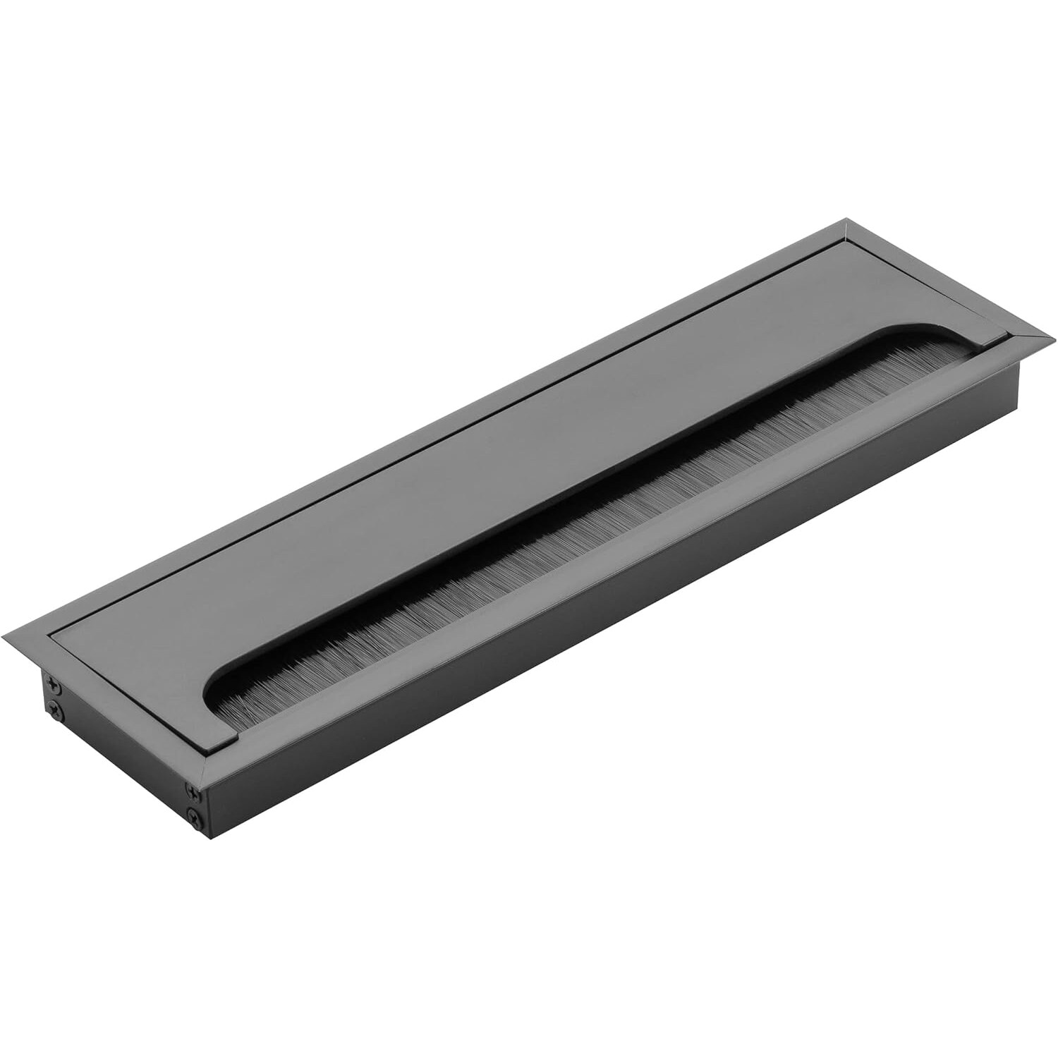 GTV Merida Kabeltülle 280 × 80 mm, Aluminium, mit Deckel und Bürste, schwarz – Ansicht 1 Schwarze rechteckige Kabeldurchführung GTV Merida aus Aluminium mit aufklappbarem Deckel und schwarzer Nylonbürste in der Öffnung