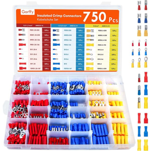 Sortimentskasten mit 750 isolierten Kabelschuhen in Rot, Blau und Gelb, darunter Flachstecker, Gabel- und Ringkabelschuhe