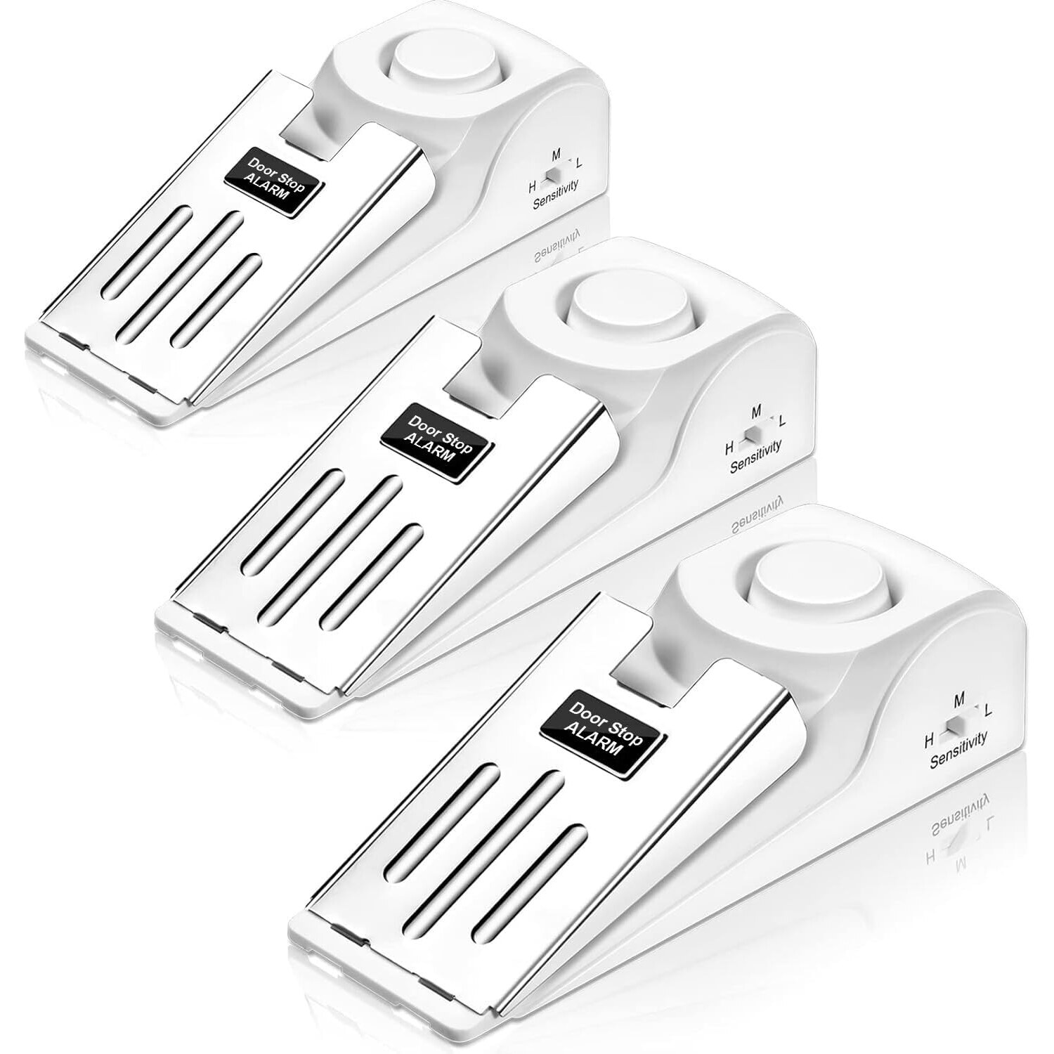 TOWODE Türstopper-Alarm 120 dB, 3er-Set, 3 Empfindlichkeitsstufen, weiss – Ansicht 1 Drei weisse Türstopper-Alarme mit Edelstahlabdeckung, Empfindlichkeitsschalter und Ein-Aus-Schalter