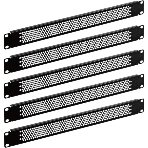 Fünf schwarze belüftete Blindplatten von einer Höheneinheit für 19-Zoll-Racks mit Lochblech und Befestigungslaschen
