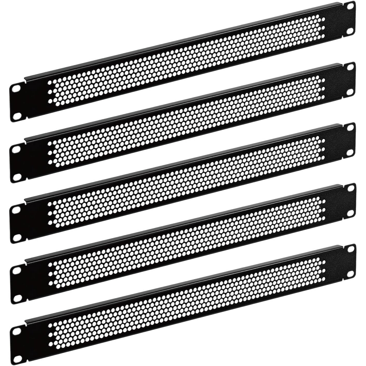 Blindplatte 19 Zoll 1U belüftet, Stahl schwarz, 5er-Set mit Befestigungsmaterial – Ansicht 1 Fünf schwarze belüftete Blindplatten von einer Höheneinheit für 19-Zoll-Racks mit Lochblech und Befestigungslaschen