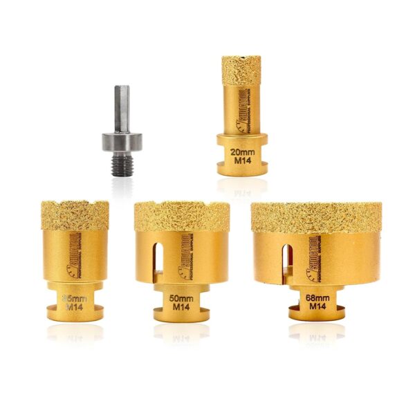 Vier goldfarbene Diamantbohrkronen von SHDIATOOL mit 20, 35, 50 und 68 mm Durchmesser und M14-Gewinde neben dem Sechskant-Schaftadapter