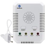 Weisser Bosean BH-H3 Kombimelder für Gas und Kohlenmonoxid mit vier Anzeigeleuchten, RESET- und TEST-Taste und Anschlusskabel mit Eurostecker