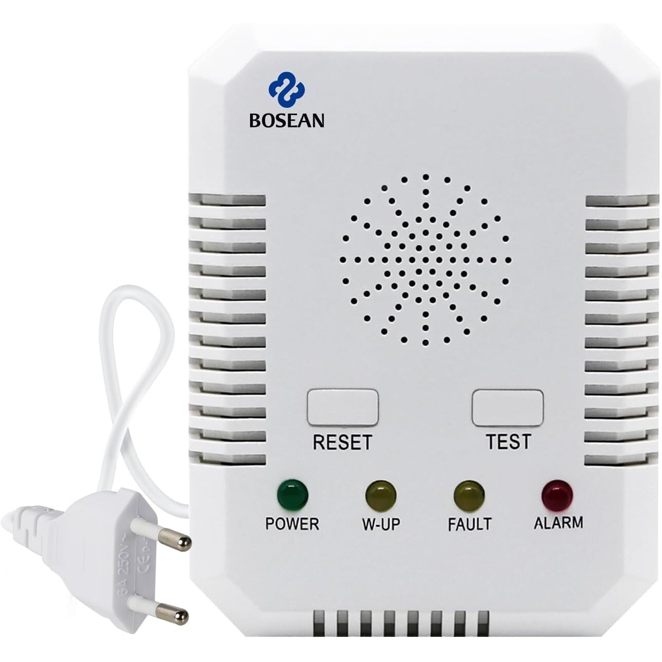 Bosean BH-H3 Gasmelder und Kohlenmonoxidmelder 2 in 1, 220 V, 70 dB – Ansicht 1 Weisser Bosean BH-H3 Kombimelder für Gas und Kohlenmonoxid mit vier Anzeigeleuchten, RESET- und TEST-Taste und Anschlusskabel mit Eurostecker