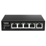 Schwarzer PoE-Extender YuanLey YS-040190PE im Metallgehäuse mit fünf RJ45-Ports und LED-Anzeigen