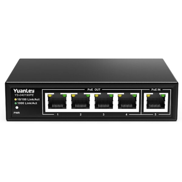 Schwarzer PoE-Extender YuanLey YS-040190PE im Metallgehäuse mit fünf RJ45-Ports und LED-Anzeigen
