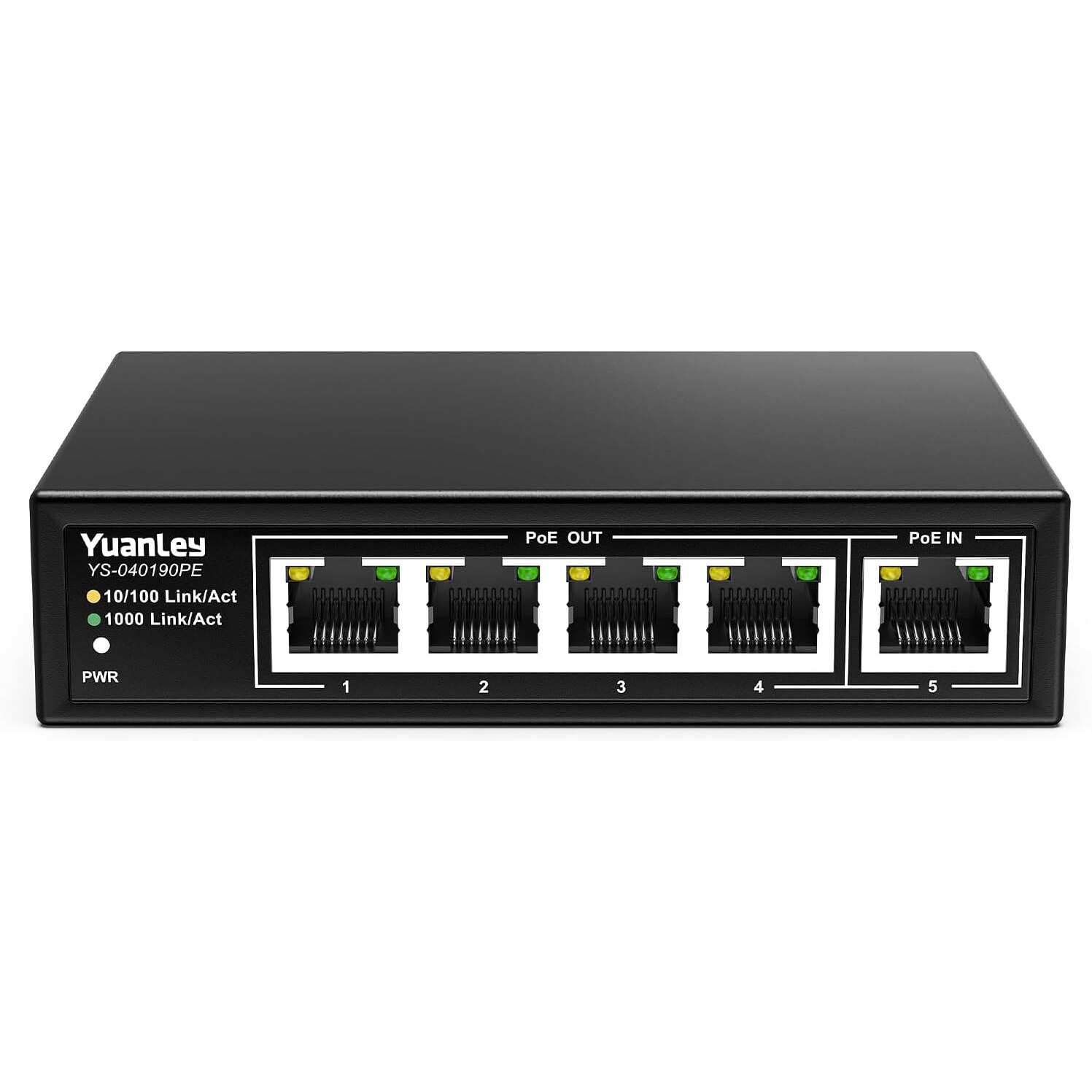 YuanLey YS-040190PE PoE-Extender 5 Port Gigabit, 4 PoE-Ausgänge, 90 W – Ansicht 1 Schwarzer PoE-Extender YuanLey YS-040190PE im Metallgehäuse mit fünf RJ45-Ports und LED-Anzeigen