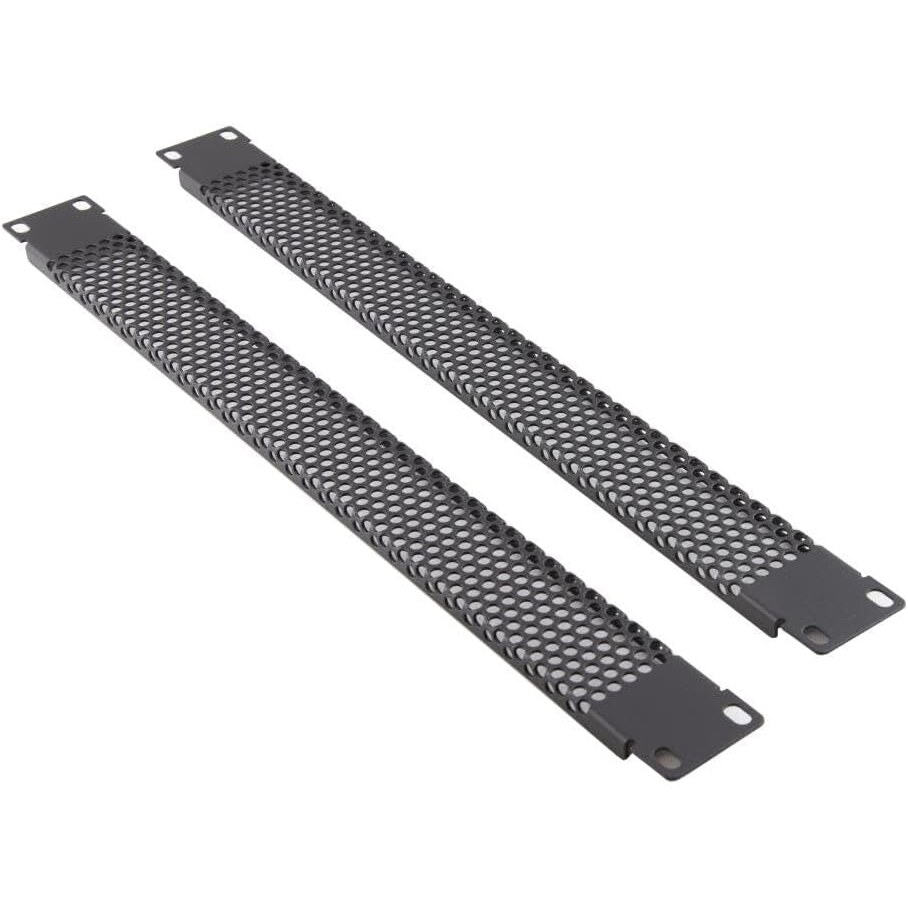 19-Zoll-Rackblende 1U mit Mesh-Belüftung, Stahl schwarz, 2er-Set – Ansicht 1 Zwei schwarze 19-Zoll-Rackblenden von einer Höheneinheit mit Mesh-Lochung und Befestigungslaschen