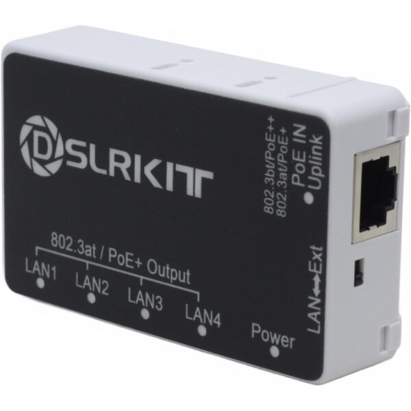 Kompakter PoE-Passthrough-Switch von DSLRKIT mit schwarzer Deckelplatte und weissem Gehäuse, vier PoE-Ausgängen LAN1 bis LAN4, Uplink-Port, DC-Buchse und Schiebeschalter LAN/Ext