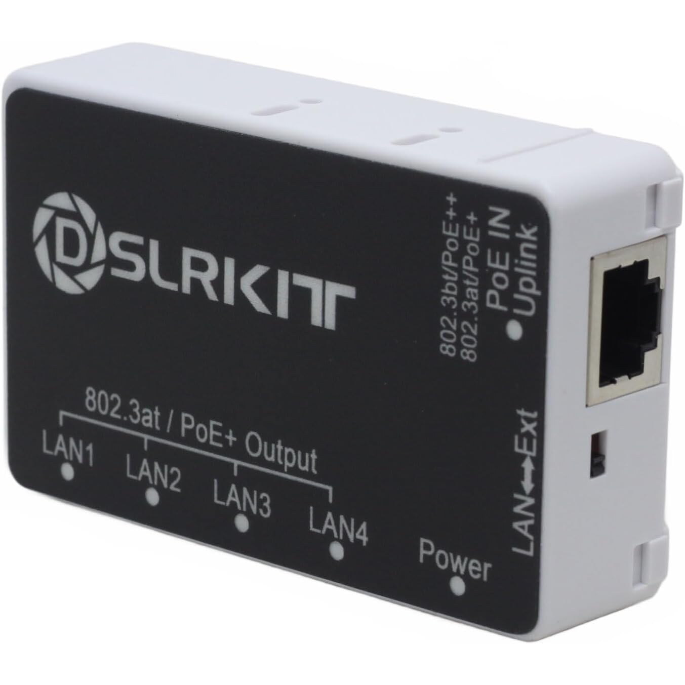 DSLRKIT PSE14GBT PoE-Passthrough-Switch 5 Port Gigabit, 90 W Eingang – Ansicht 1 Kompakter PoE-Passthrough-Switch von DSLRKIT mit schwarzer Deckelplatte und weissem Gehäuse, vier PoE-Ausgängen LAN1 bis LAN4, Uplink-Port, DC-Buchse und Schiebeschalter LAN/Ext