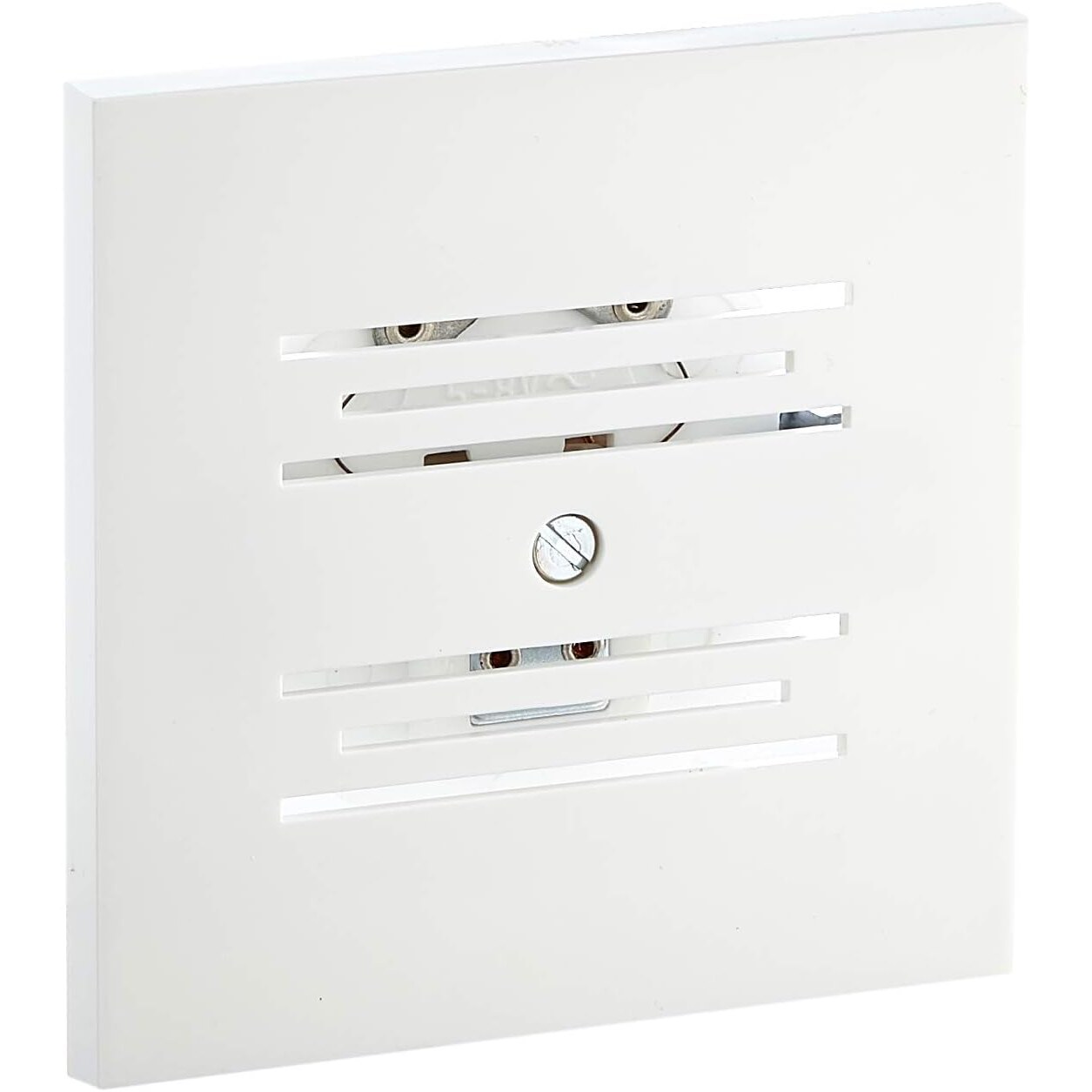 Honeywell Home E2609 Läutewerk Unterputz, 8 V AC, für 60-mm-Dose – Ansicht 1 Weisse quadratische Unterputz-Abdeckung mit Schallschlitzen, dahinter die Metallglocke des Läutewerks Honeywell Home E2609
