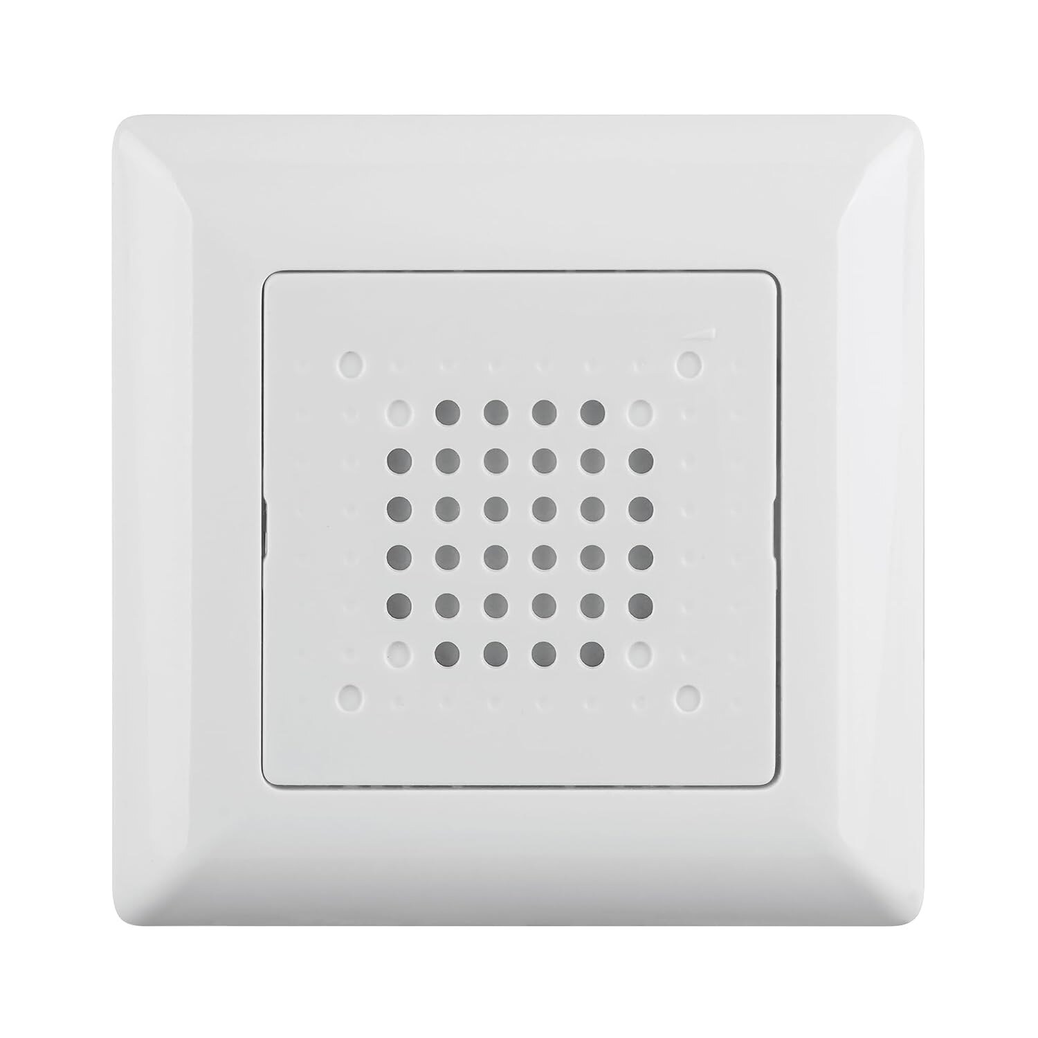Grothe UP-SU 120 ws Unterputz-Summer, bis 80 dB(A), 8–12 V AC, für Schalterprogramme 50 × 50 mm – Ansicht 1 Weisser Unterputz-Summer von Grothe mit quadratischer Abdeckung und gelochtem Schallaustritt, daneben das Einbaumodul mit Montageblech und Abdeckrahmen