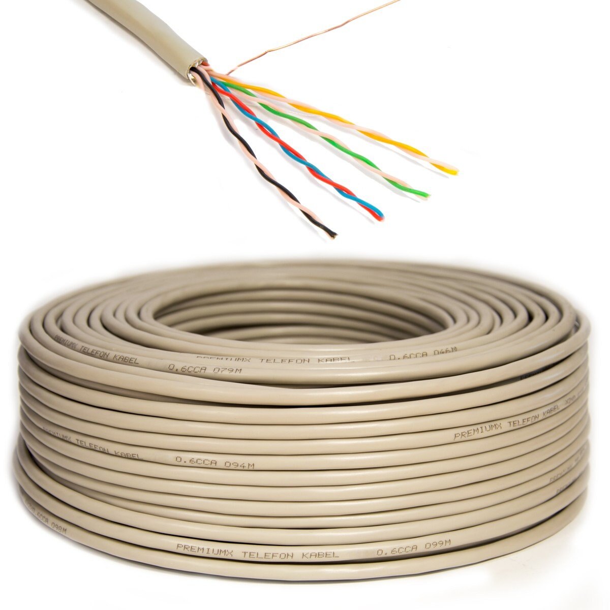 Premium X Fernmeldeleitung J-Y(ST)Y 4x2x0,6 mm, 8 Adern, 25 m – Ansicht 1 Grauer Ring Fernmeldeleitung J-Y(ST)Y 4x2x0,6 von PremiumX, daneben ein abgemanteltes Ende mit acht farbigen Adern in vier verdrillten Paaren unter einem Alu-Folienschirm