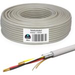 Grauer Ring Fernmeldeleitung J-Y(ST)Y 2x2x0,6 von HB-DIGITAL mit Etikett 25 m, daneben ein abgemanteltes Leitungsende mit vier farbigen Adern und Alu-Folienschirm
