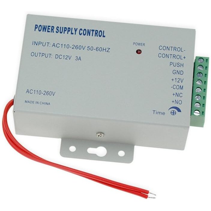 Netzteil K80 12 V DC 3 A, 36 W, für Türöffner und Zutrittskontrolle – Ansicht 1 Graues Metallgehäuse eines Netzteils für Zutrittskontrolle mit Aufdruck Power Supply Control, achtpoliger Schraubklemmleiste, roter Betriebs-LED, Zeitregler und zwei roten offenen Anschlussleitungen