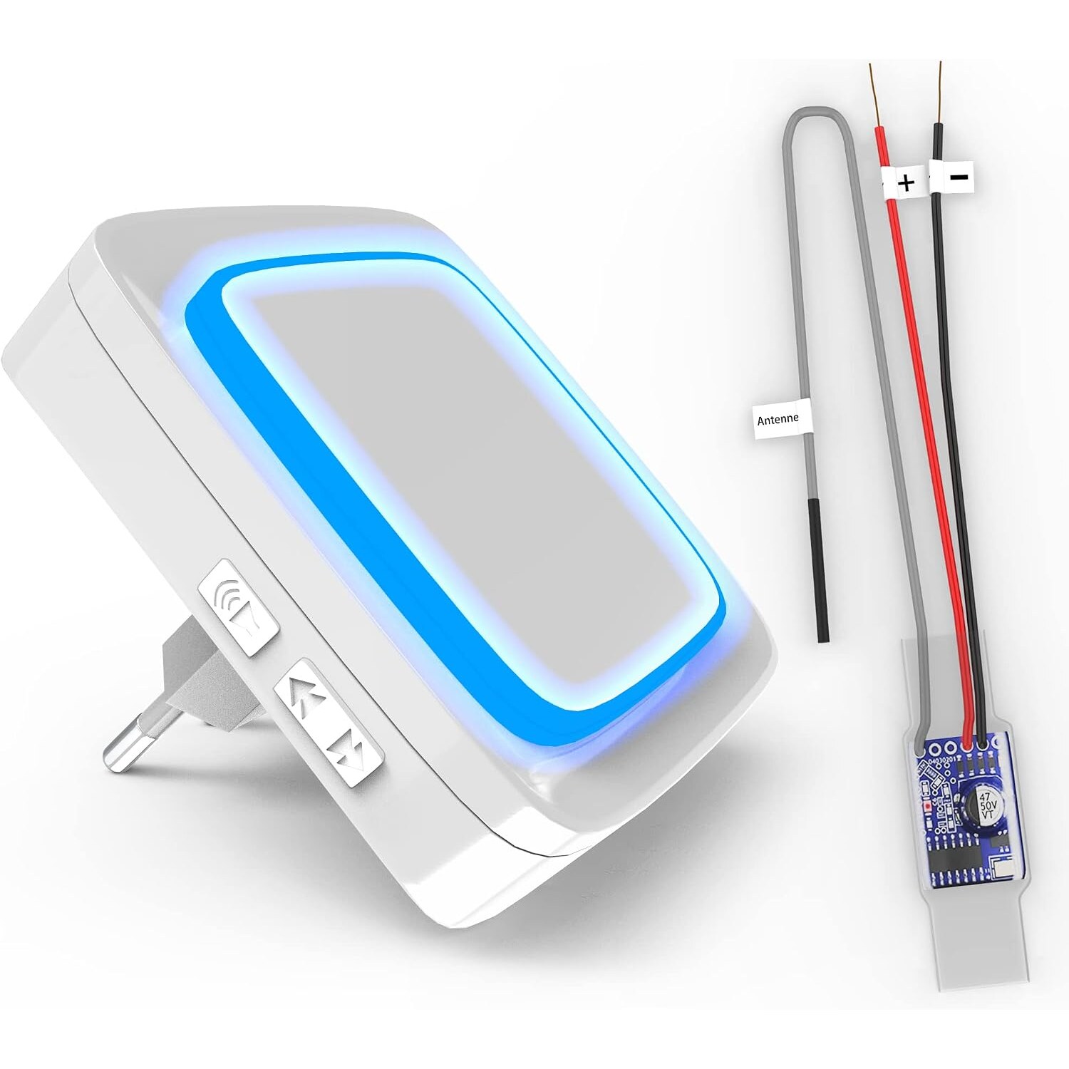 Graviers Funksignal-Weiterleitung, Einbausender 4–24 V AC/DC mit Steckdosenempfänger, 150 m – Ansicht 1 Weisser Steckdosenempfänger von Graviers mit blau leuchtendem Ring und Euro-Stecker, daneben der kleine Einbausender mit Antenne und zwei mit Plus und Minus beschrifteten Anschlussdrähten
