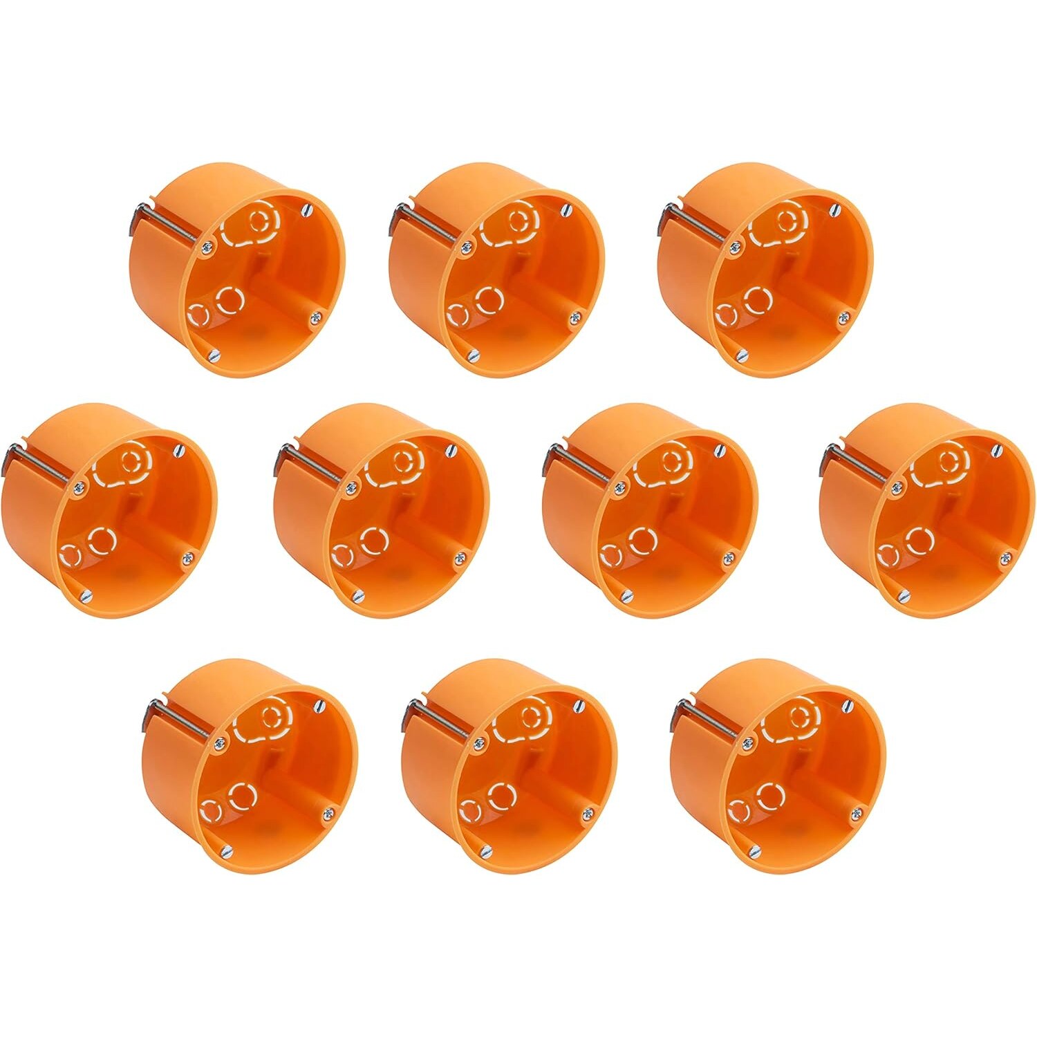 Meister Hohlwanddose Unterputz 35 mm tief, Fräsloch Ø 68 mm, 10 Stück – Ansicht 1 Zehn orange Hohlwanddosen von Meister für Fräsloch Ø 68 mm, mit Klemmschrauben und Ausbrechöffnungen