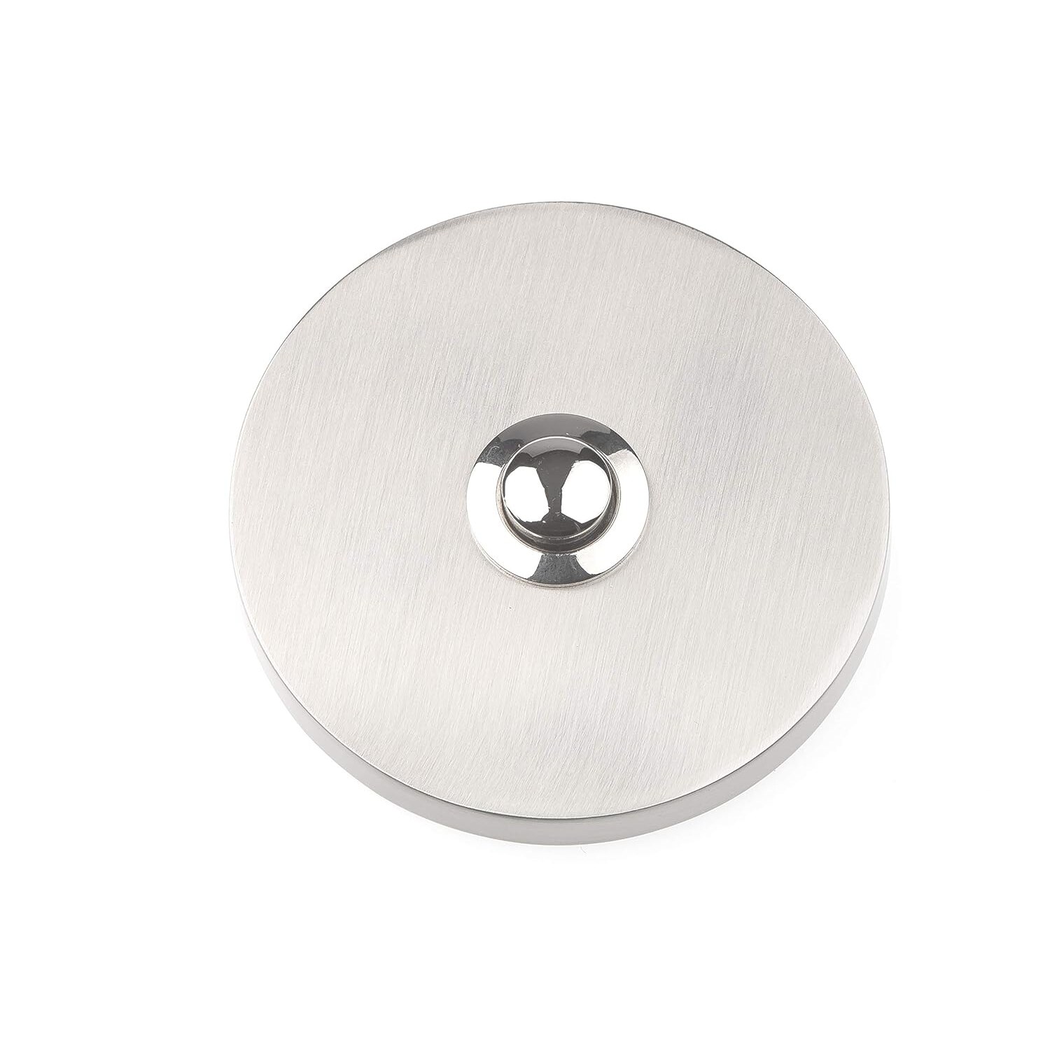 HUBER 12010 Aufputz-Klingeltaster 1-fach rund, Ø 73,5 mm, Metall, max. 24 V / 2 A – Ansicht 1 Runder Aufputz-Klingeltaster von HUBER in Edelstahloptik mit mittigem verchromtem Druckknopf