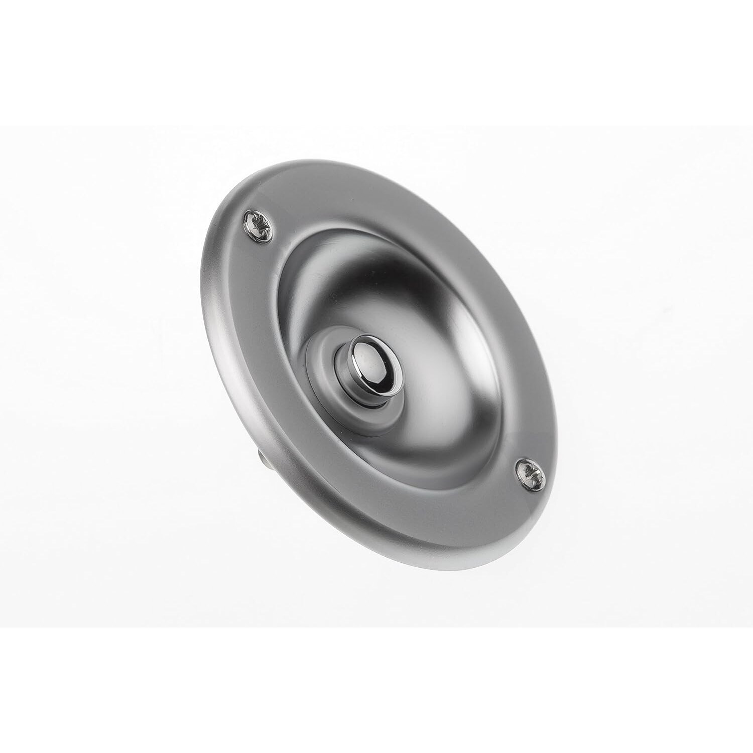 HUBER 12522 Unterputz-Klingeltaster 1-fach rund, Ø 70 mm, Messing chrom matt, max. 24 V / 2 A – Ansicht 1 Runder Unterputz-Klingeltaster von HUBER mit chrom matt verchromter Messingplatte und mittigem Druckknopf