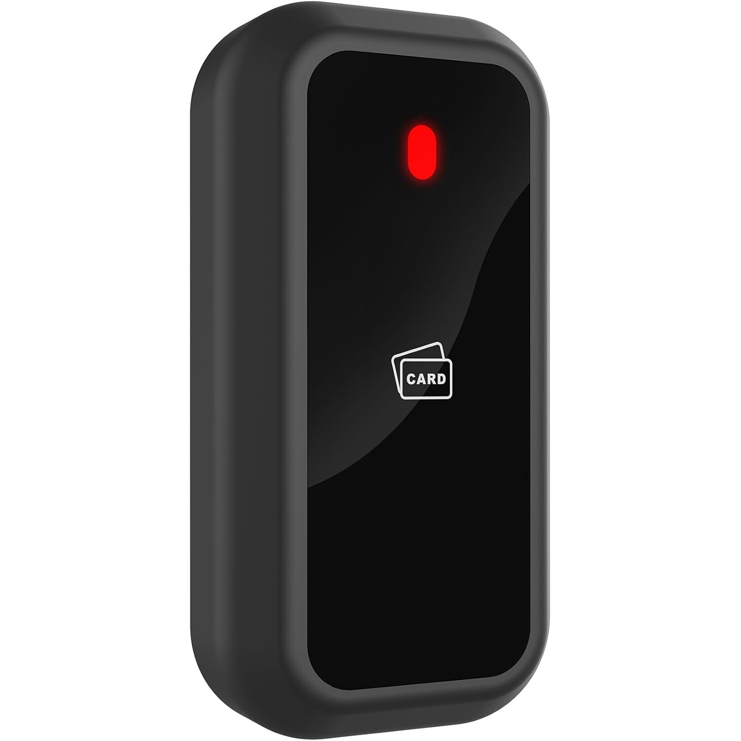 UHPPOTE RFID-Kartenleser 125 kHz, Wiegand 26/34 Bit, 12 V, IP66 – Ansicht 1 Schwarzer RFID-Kartenleser UHPPOTE in flacher Kunststoffausführung mit Kartensymbol und roter Status-LED