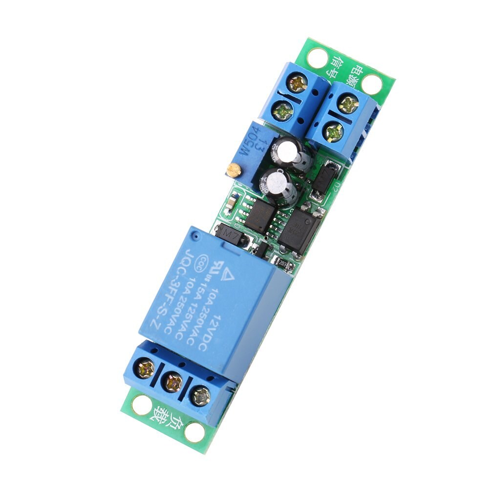 Walfront Zeitrelais-Modul 12 V, 0 bis 25 Sekunden einstellbar, Kontakt 10 A – Ansicht 1 Grüne Platine mit blauem Relais, Potentiometer und drei blauen Schraubklemmen, Zeitrelais-Modul für 12 V