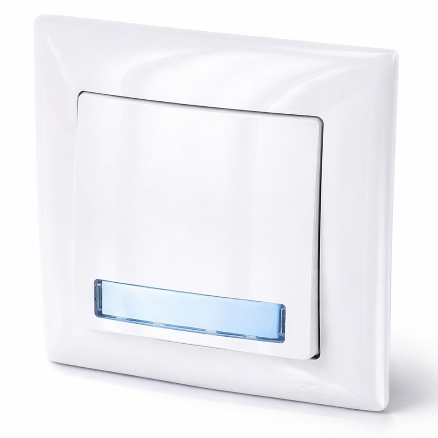 Unterputz-Klingeltaster mit LED-Namensschild, Serie G1 reinweiss, 82 × 82 mm, Steckklemme – Ansicht 1 Weisser Unterputz-Klingeltaster im Format 82 x 82 mm mit blau beleuchtetem Namensschild unter der Taste