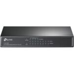 Schwarzer TP-Link TL-SG1008P PoE-Switch im flachen Metallgehäuse mit acht RJ45-Buchsen auf der Rückseite