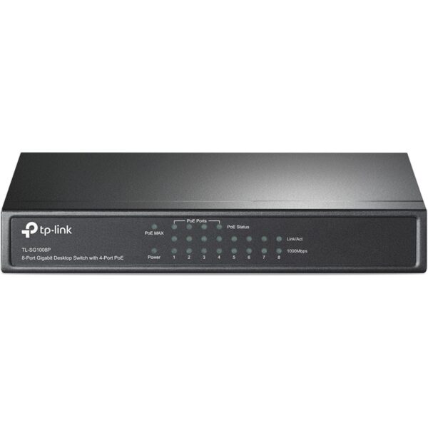 Schwarzer TP-Link TL-SG1008P PoE-Switch im flachen Metallgehäuse mit acht RJ45-Buchsen auf der Rückseite