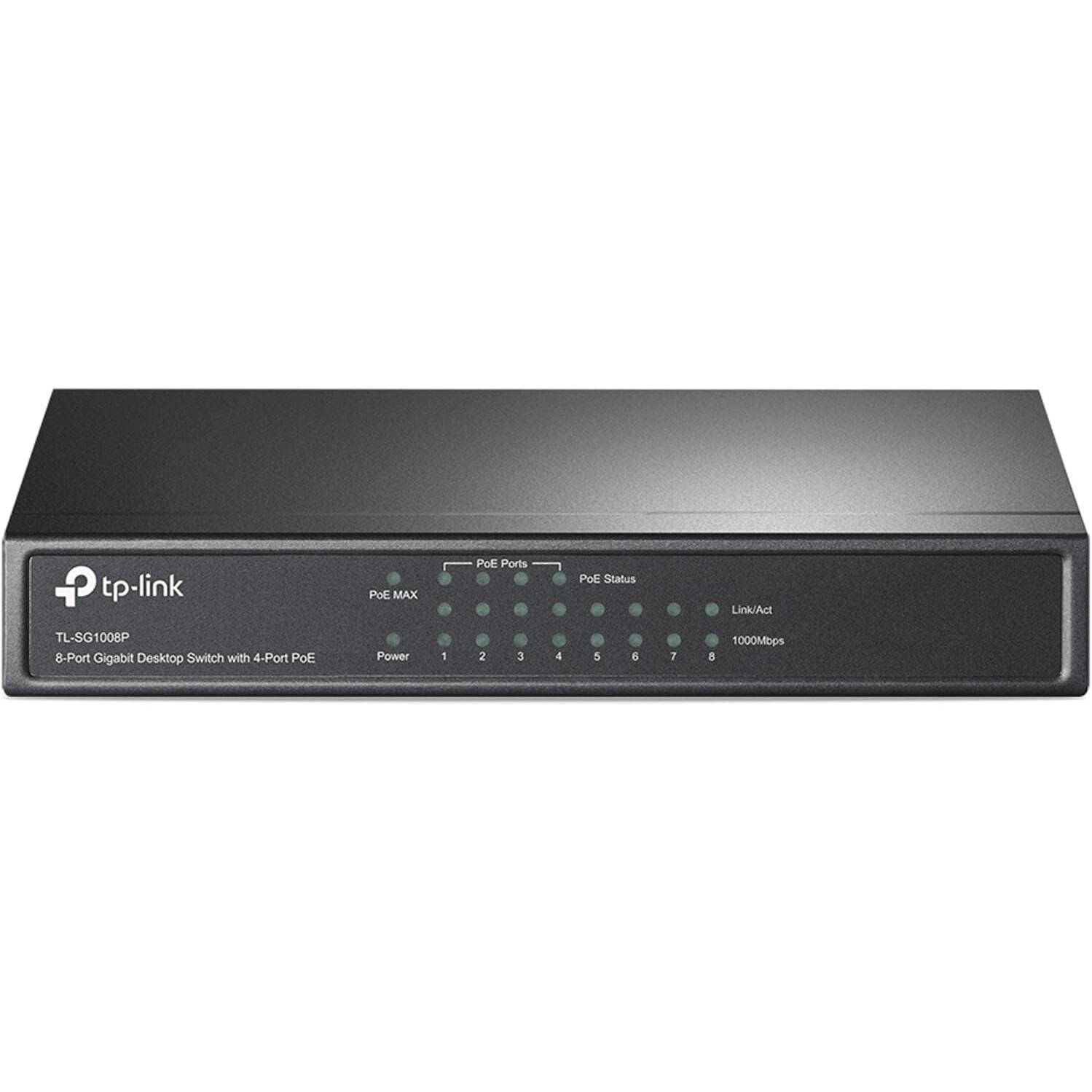 TP-Link TL-SG1008P PoE-Switch, 8 Gigabit-Ports, 4 × PoE mit 55 W – Ansicht 1 Schwarzer TP-Link TL-SG1008P PoE-Switch im flachen Metallgehäuse mit acht RJ45-Buchsen auf der Rückseite