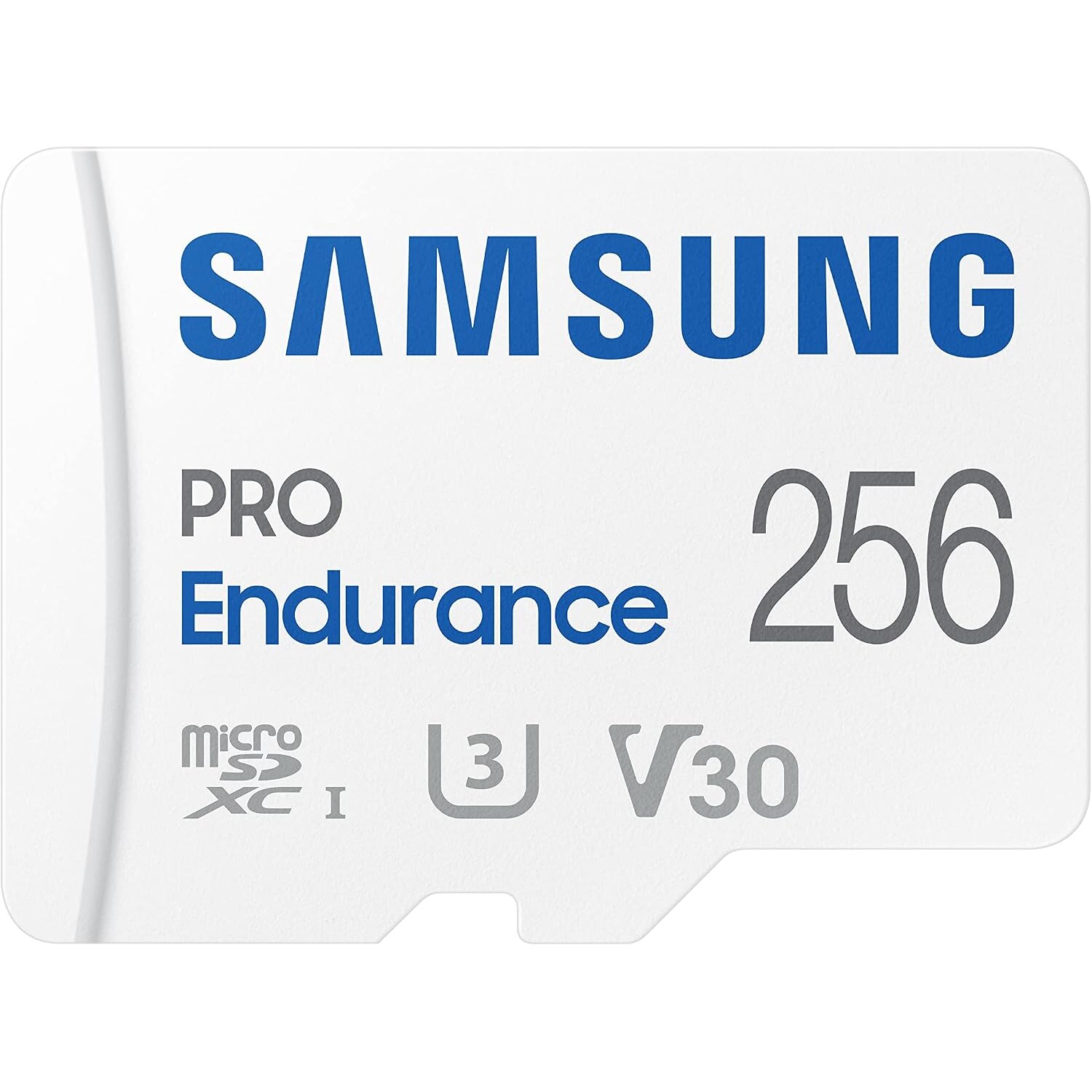 Samsung PRO Endurance microSDXC 256 GB, U3, V30, 100 MB/s – Ansicht 1 Weisse microSD-Karte Samsung PRO Endurance mit 256 GB sowie U3- und V30-Kennzeichnung