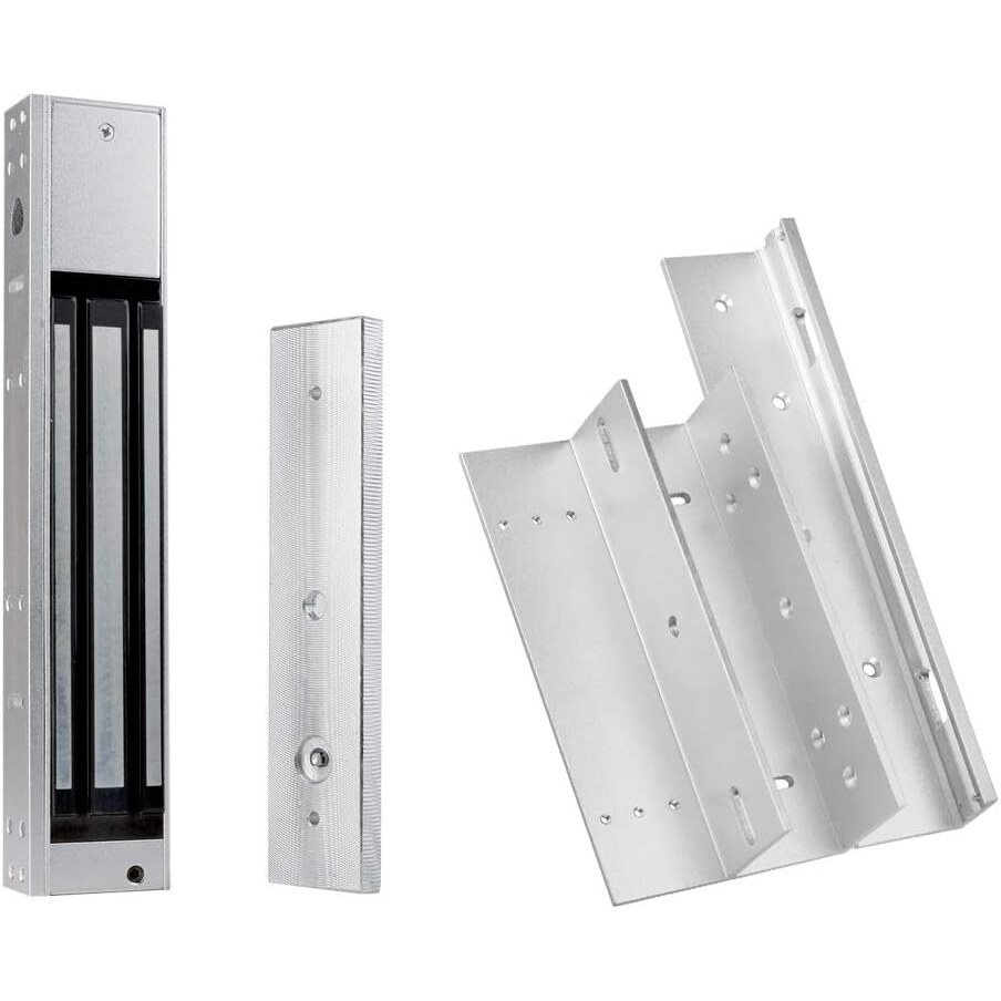 Elektromagnetschloss 280 kg Haltekraft, 12 V DC, mit ZL-Halterung – Ansicht 1 Silbernes Elektromagnetschloss aus Aluminium mit Ankerplatte und Z-förmiger Montagehalterung