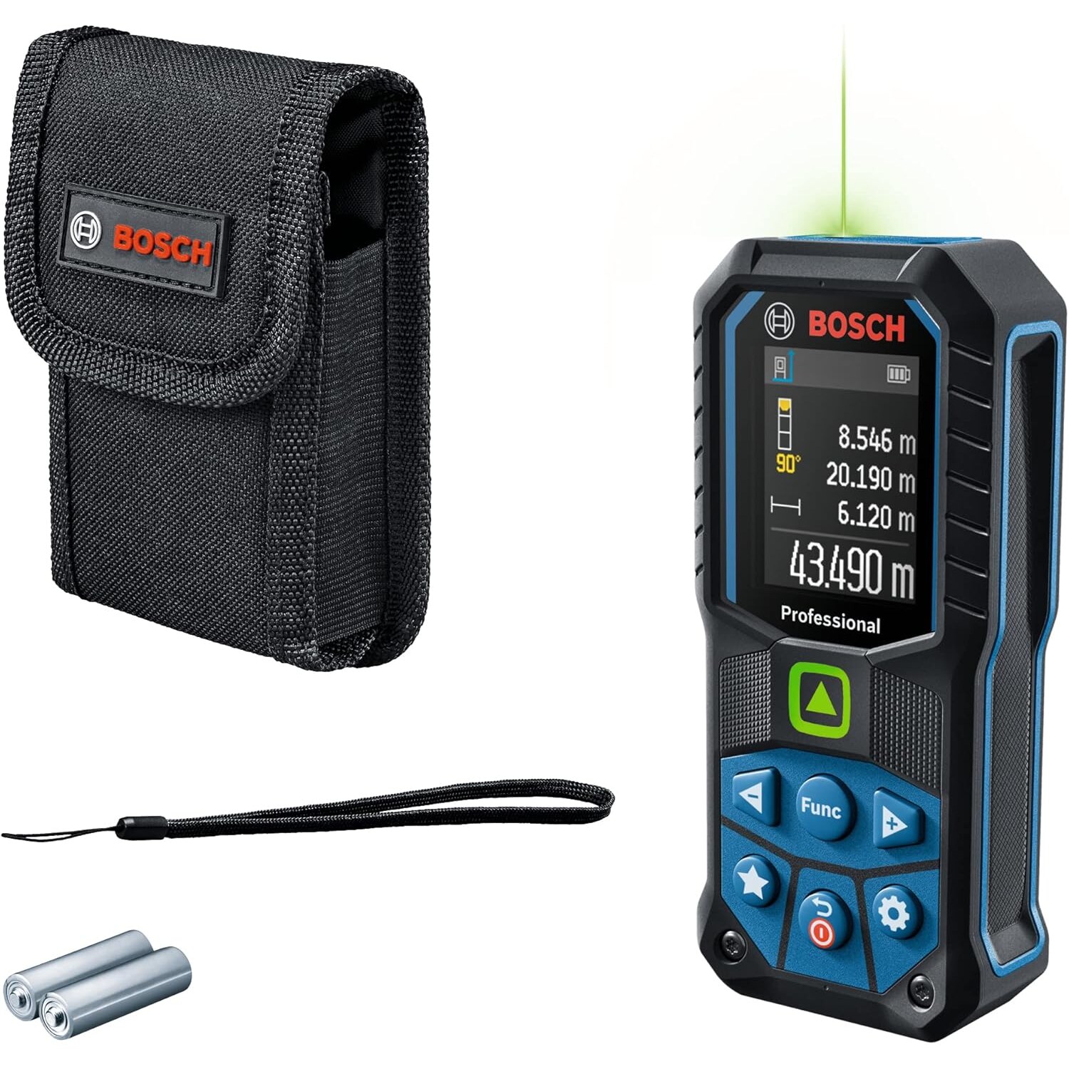 Bosch Professional GLM 50-23 G Laser-Entfernungsmesser, grüner Laser, 0,05 bis 50 m, IP65 – Ansicht 1 Schwarz-blauer Bosch Professional Laser-Entfernungsmesser GLM 50-23 G mit Farbdisplay, daneben Gürteltasche, Trageschlaufe und zwei AA-Batterien