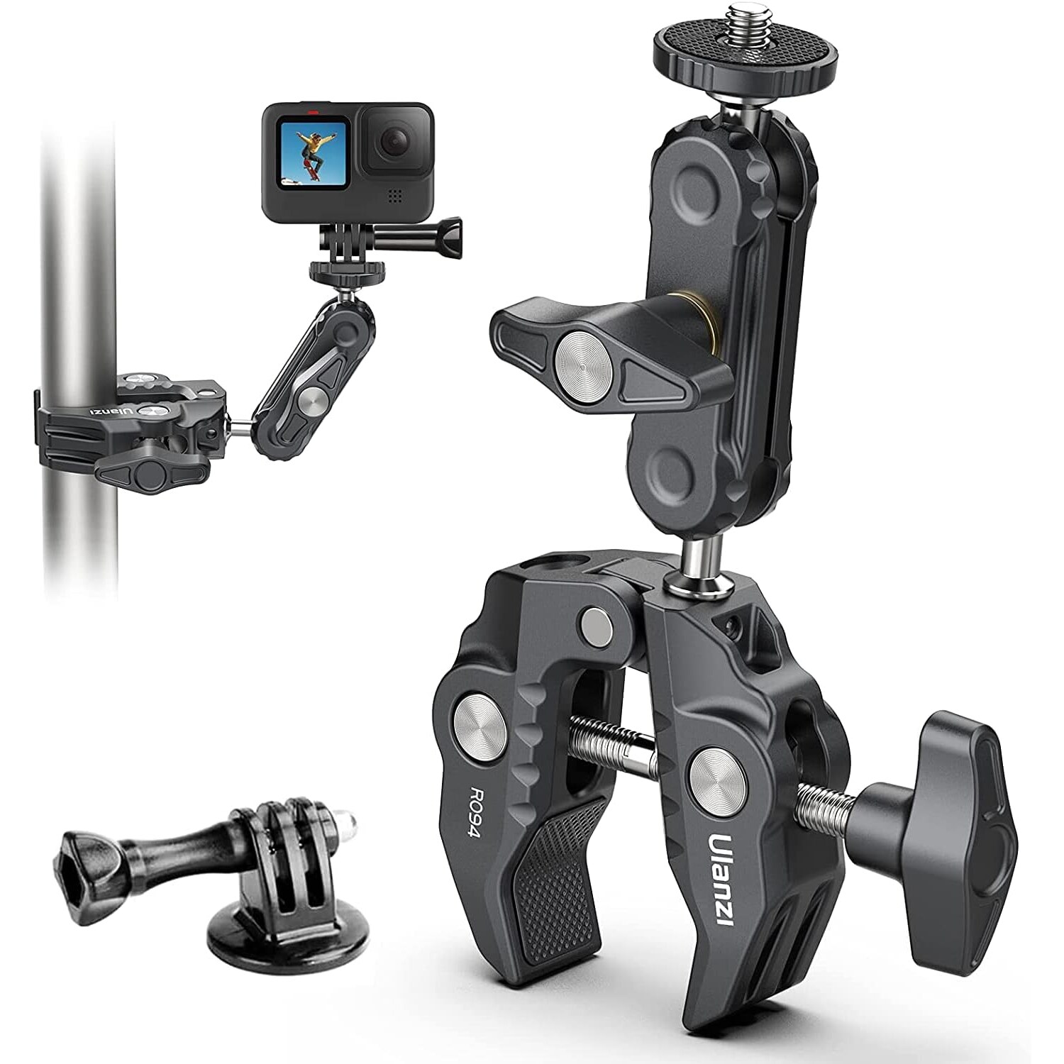 ULANZI R094 Super Clamp Crab Klemmhalterung 360° – Ansicht 1 ULANZI R094 Super Clamp Crab Klemmhalterung mit Doppelkugelkopf und Gewindeanschlüssen