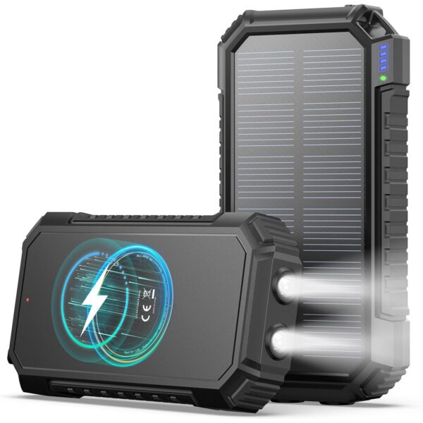 Schwarze A ADDTOP Solar-Powerbank mit ausklappbaren Solarpanels, USB-Anschlüssen und integrierter LED-Leuchte.