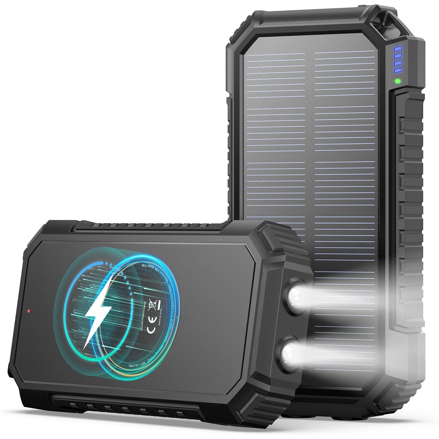 A ADDTOP T11W Solar-Powerbank 20000 mAh 15 W – Ansicht 1 Schwarze A ADDTOP Solar-Powerbank mit ausklappbaren Solarpanels, USB-Anschlüssen und integrierter LED-Leuchte.